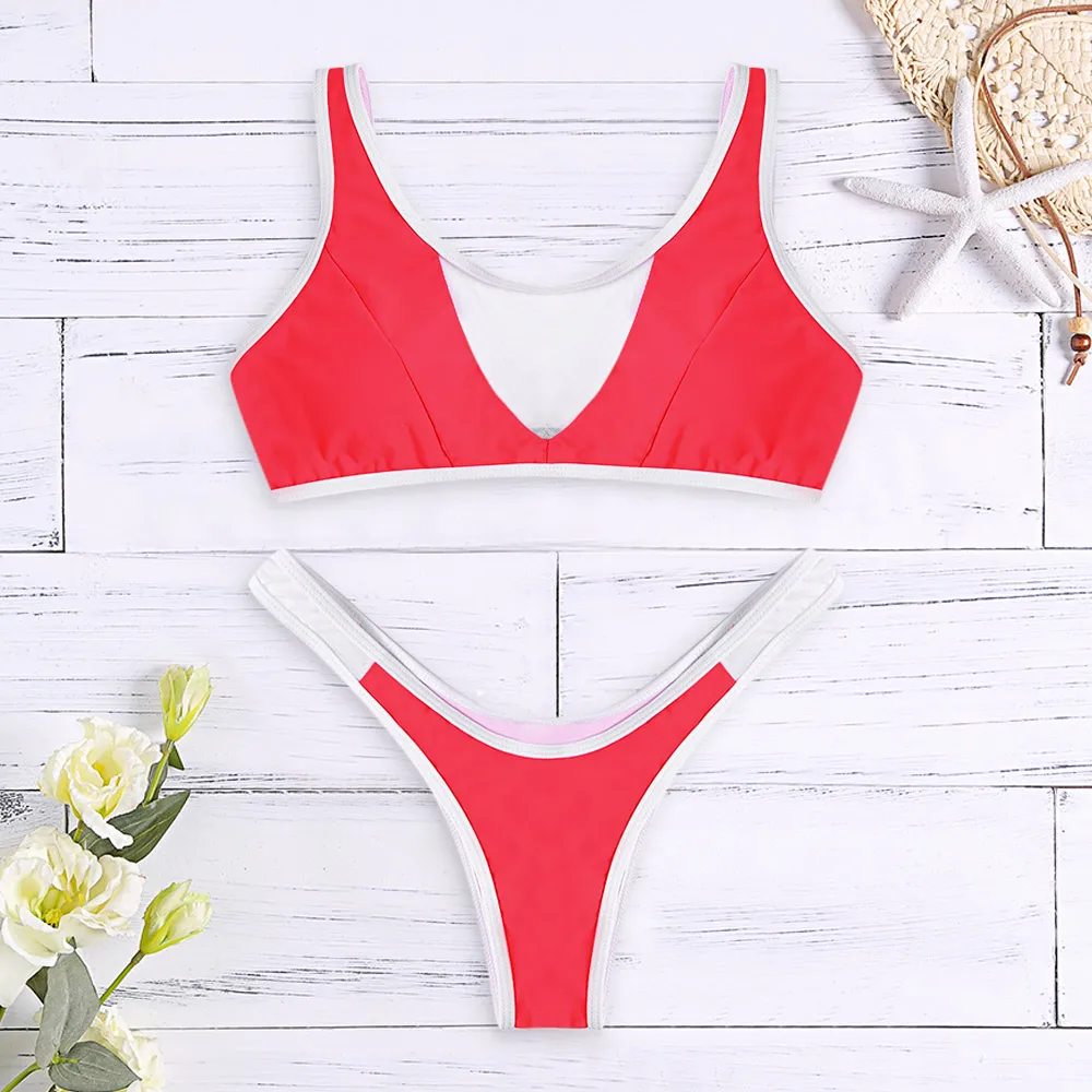 2019 New Style Summer Bikinis Swimwear Swimsuits Scoop Neck Sleeveless Mesh Spliced Color Blocking Padded Women Sexy Bikini Set |