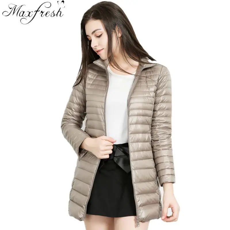 Maxfresh женская зимняя куртка длинный тонкий пуховик женский белый утиный пух с