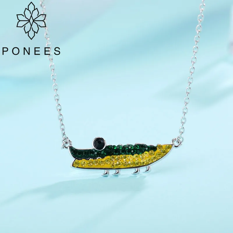 

PONEES Drop Shipping New Fashion Rhodium Pave Crystal Cute Alligator Cayman Pendant Necklaces For Women Romantic Animal Jewelry