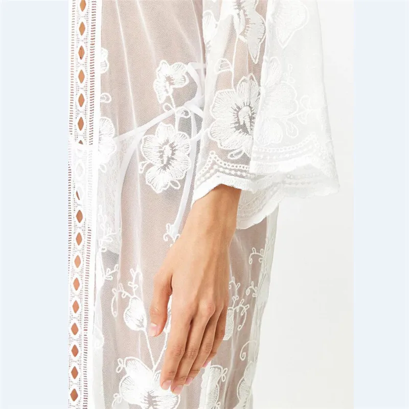 Summer Beach Cover Coat Women White Jacket Lace cotten Blouse Kimono Cardigan Hollow Out Shirt Long | Женская одежда