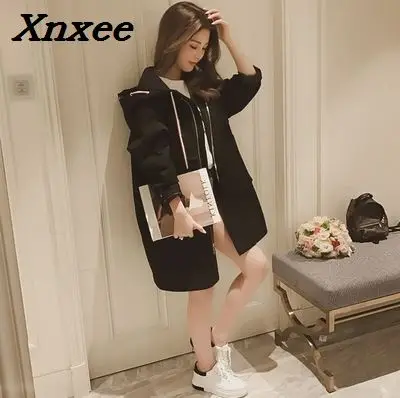 

Women trench loose coat autumn winter hooded long windbreaker trench coats female business outerwear students trench outerwear