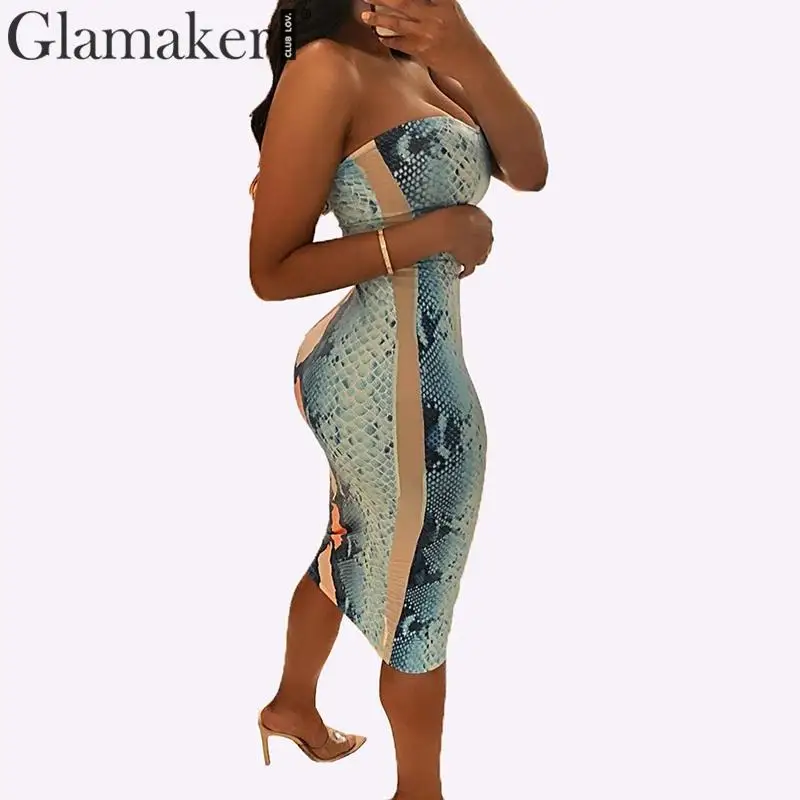 Женское длинное платье в полоску Glamaker вечернее облегающее без рукавов со змеиным