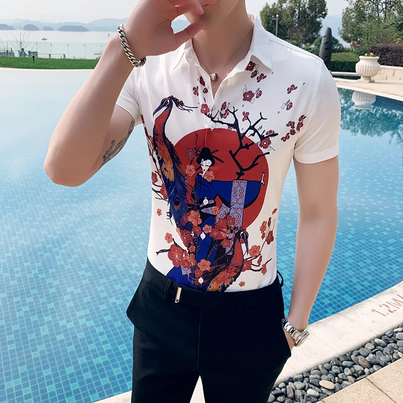 Повседневный уличный с короткими рукавами отложной воротник Slim Fit рубашки для