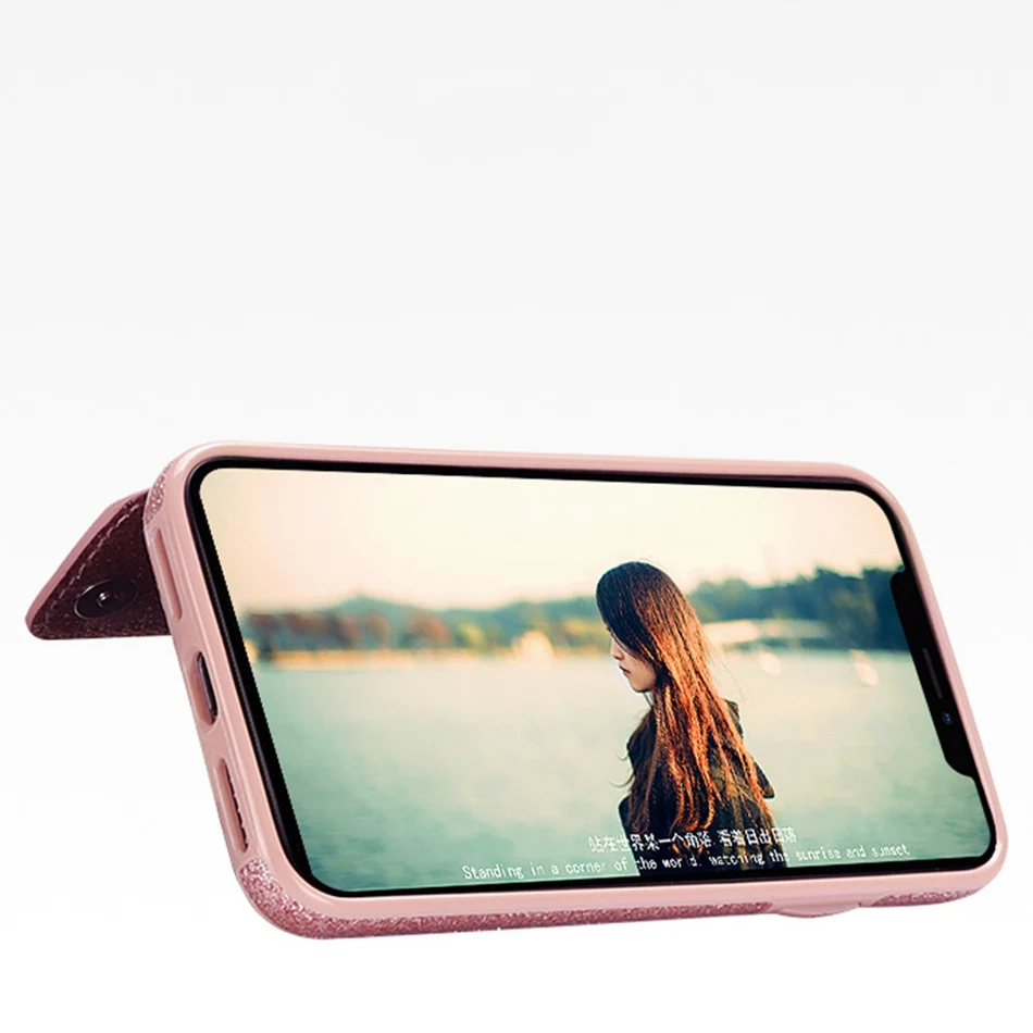 Блестящий чехол из искусственной кожи для iPhone XS Max XR 10 X с подставкой и держателем