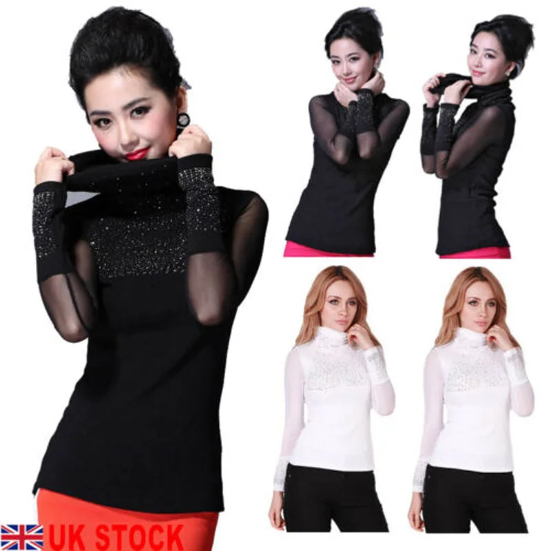 2019 New Brand Fashion UK Women's Sexy Rhinestone Turtle Neck Sweater Long Sleeve Slim Oversize | Женская одежда