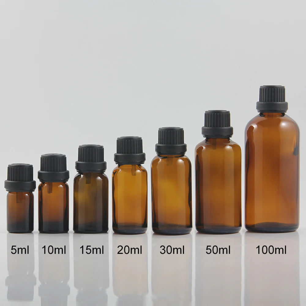 Unique cosmetic glass packaging amber bottle with plastic tamper proof screw lids for women