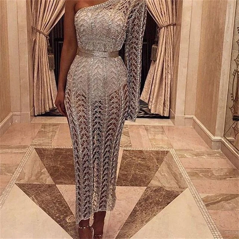 Santune New Arrival Hollow Out Dress One Shoulder Long Women Asymmetrical Split Summer Dresses 2019 Sexy Vestidos | Женская одежда