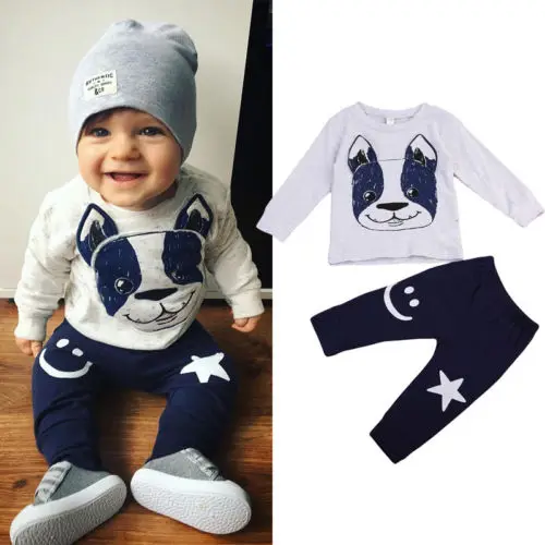 Cool Boy Animal Clothes 2Pcs Newborn Kid Baby Girl 2018 New Bulldog Tops T Shirt Pants Tracksuit Outfit Autumn Clothing Set | Детская