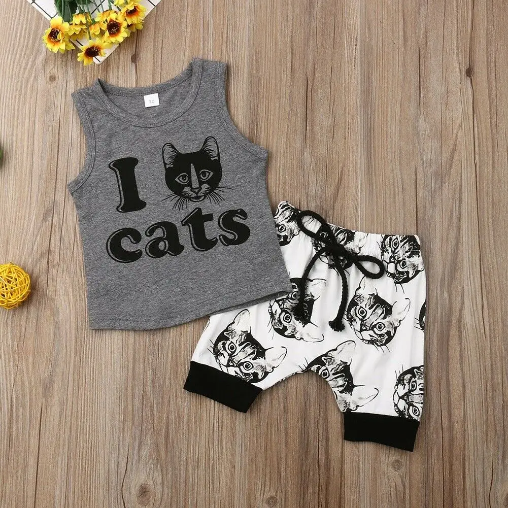 2019 Children Summer Clothing Infant Kid Baby Boy Clothes 0-24M Animal Sleeveless Tank Shirt+Shorts Pants Cats Print Outfits Set |