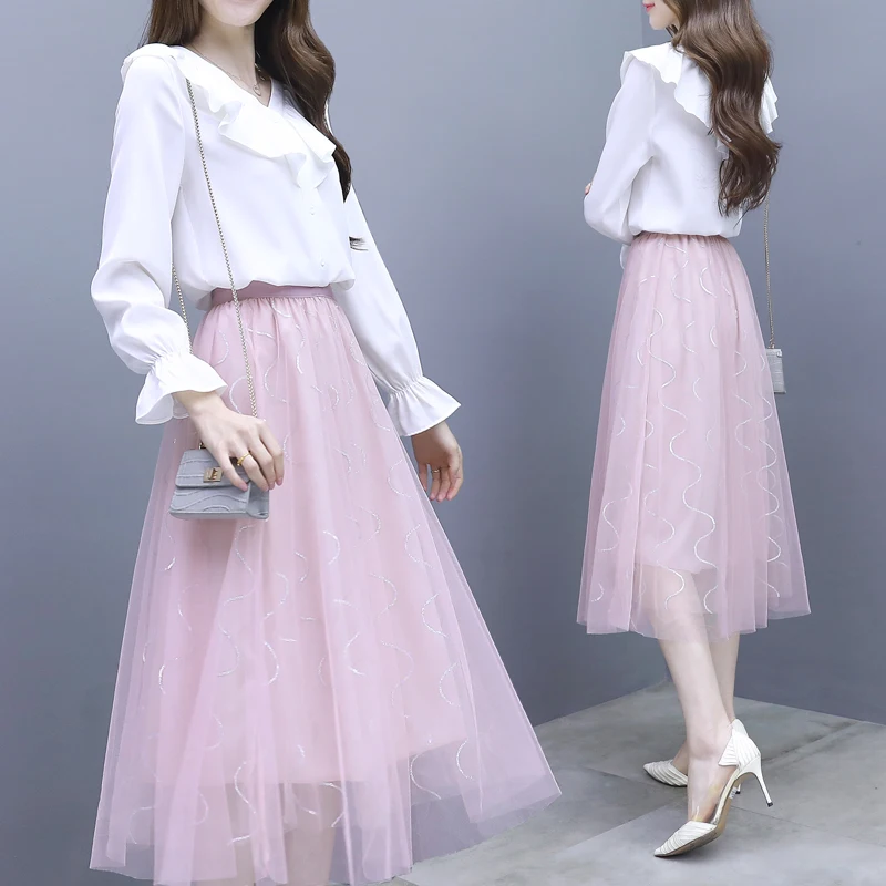 2019 Spring New Woman Fairy Two-Piece Sweet French Fashion Suits White Chiffon Shirt V Neck Blouse Top Long Net Skirt S-XXL |