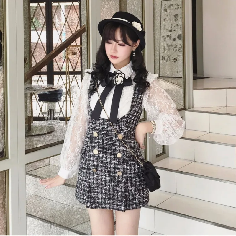 Женский кружевной топ с оборками и бантом + клетчатое твидовое платье жилет без