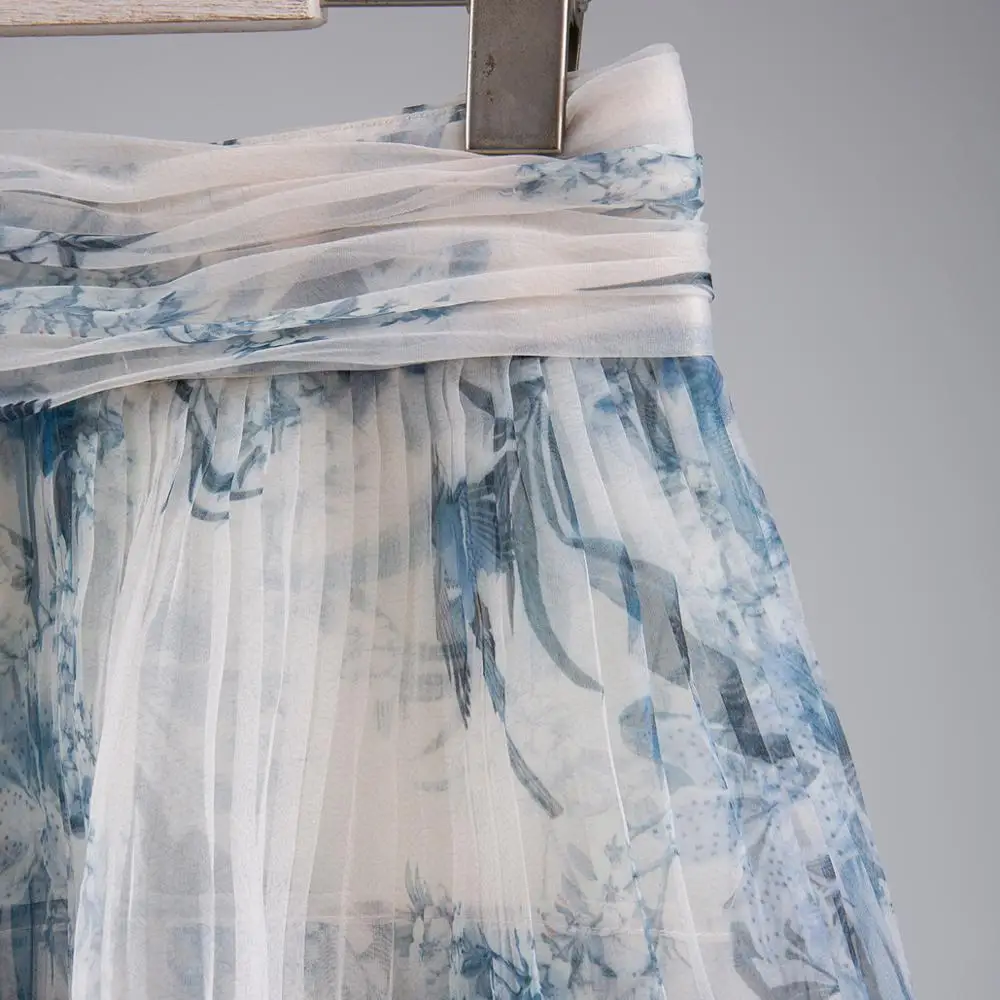 Cake Pleated Skirt Female Ink Blue Halo Printed Multilayer with Eugene Yarn Half-length P9111 | Женская одежда