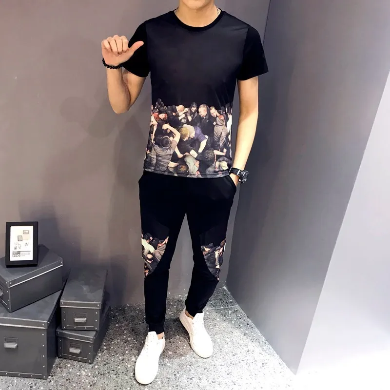 Новинка принт с рисунком лето 2019 короткий рукав круглый вырез для мужчин костюм