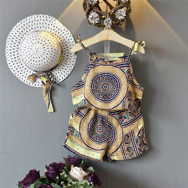 Kids Baby Girls Boho Summer Beach Clothes Sets Printed Sleeveless Strap Vest Tank Tops+Shorts+Hat 3Pcs Fashion Girl Outfits 1-6Y | Детская