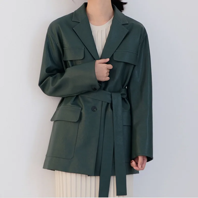 Женская кожаная куртка свободная с поясом весна 2019|Женские куртки| |