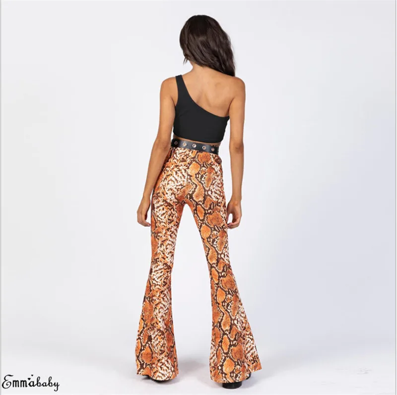 Женские повседневные длинные брюки клеш колокол со змеиным принтом и высокой