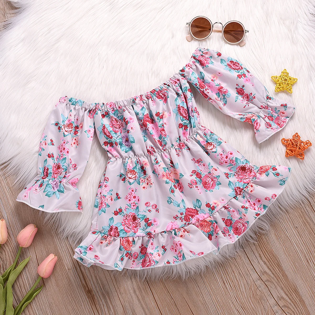 Cute Toddler Baby kids Girl Clothing Dress Floral Off Shoulder Long Sleeve Swing Sunsuit Summer Clothes Girls 3M-4T | Детская одежда и