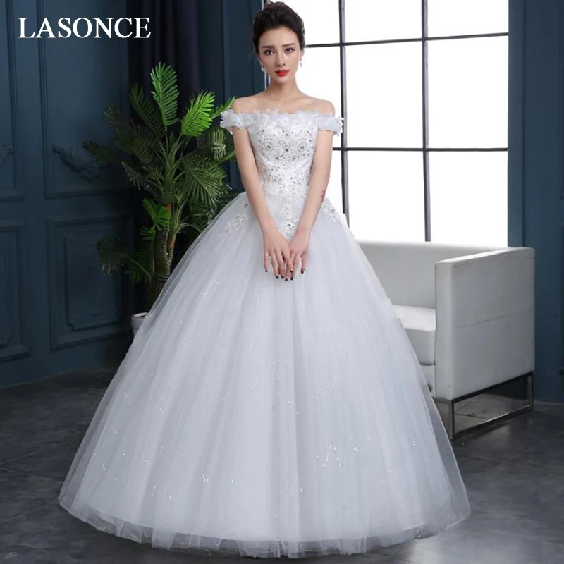 

LASONCE Lace Flowers Appliques Ball Gown Wedding Dresses Crystal Boat Neck Short Sleeve Backless Bridal Dress