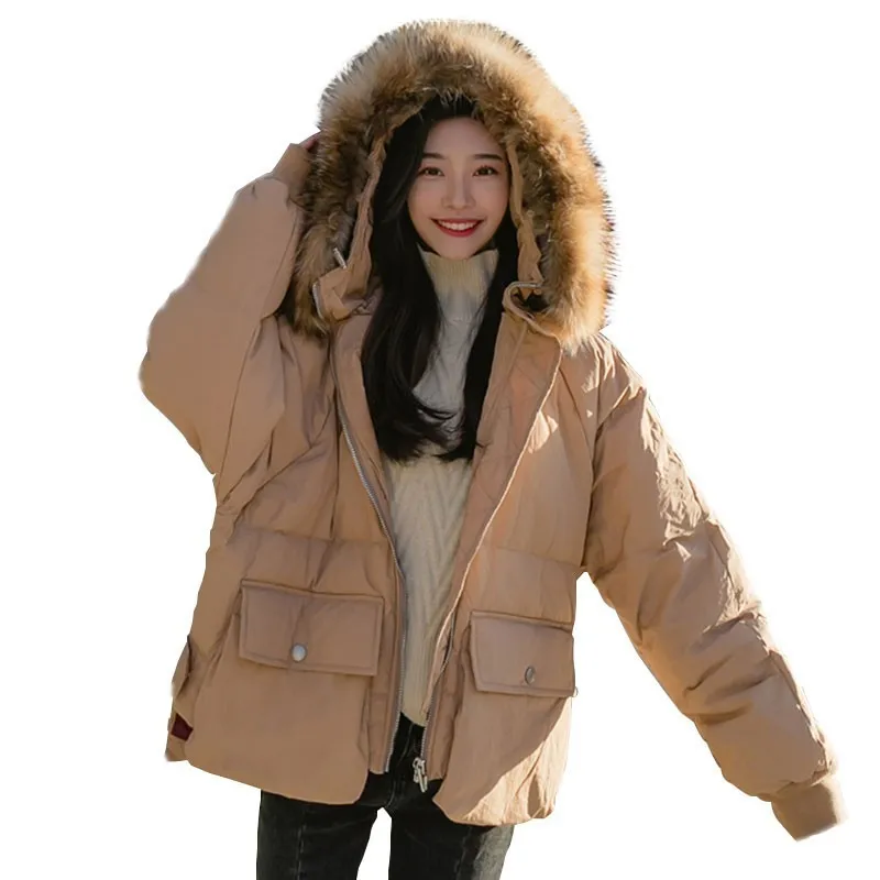 Women Winter Short Padded Jacket Fashion Big Fur Collar Loose Hooded Bread Coat Casual Thickening Female Down Cotton Parka HJ11
