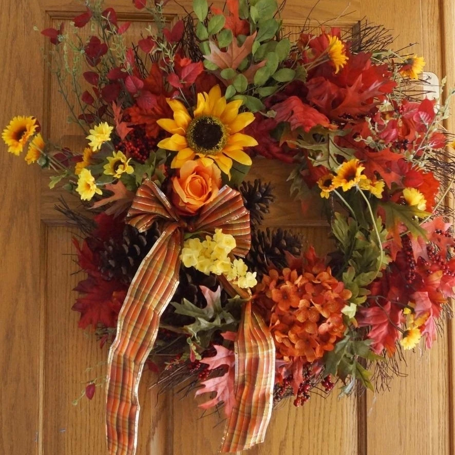 Fall Wreath Hydrangea Roses Yellow Flowers Cottage Rustic Pine-cones | Дом и сад