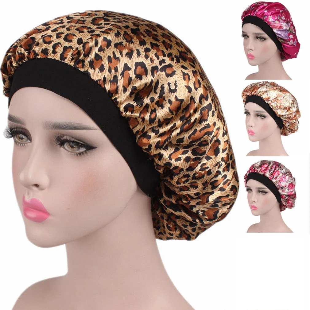 Wide-Brimmed Printed Double-Layer Waterproof Shower Cap Satin Sleep Hat Hair Silk Hood Loose Band |