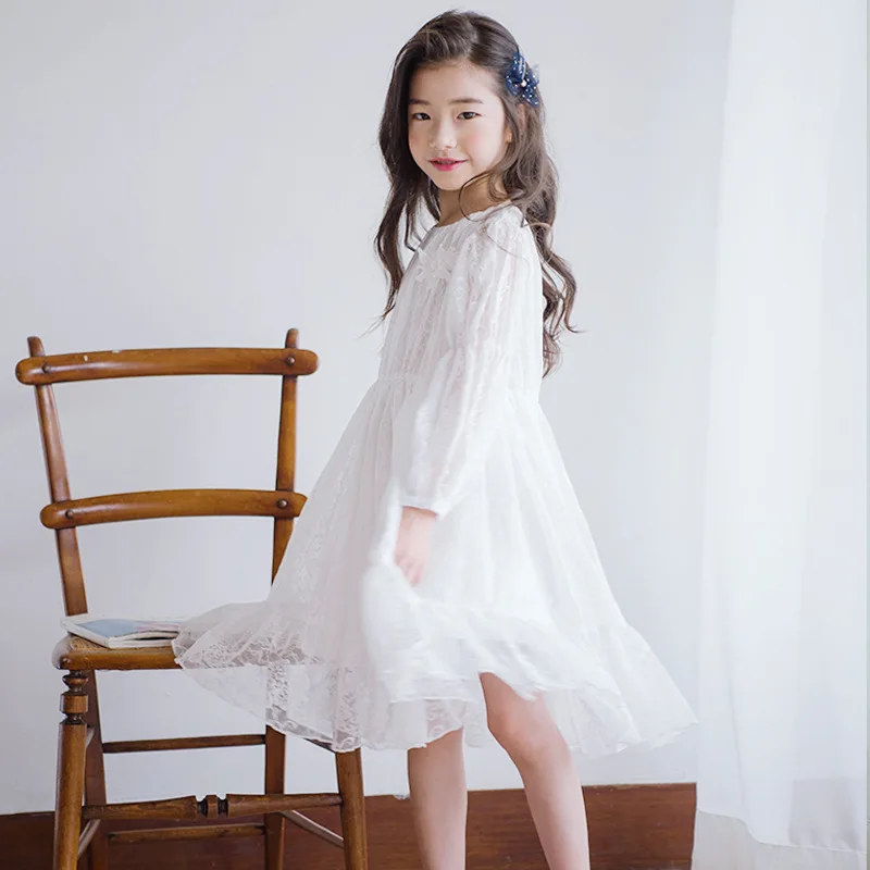 white lace long sleeve dress vintage party frocks age for 6-14 yrs big girls elegant princess costume 2021 spring autumn clothes | Детская