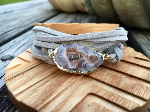 Boho Chic Druzy Geode Wrapped Faux Suede Bracelet with Large Geode Stone Stackble Bracelet