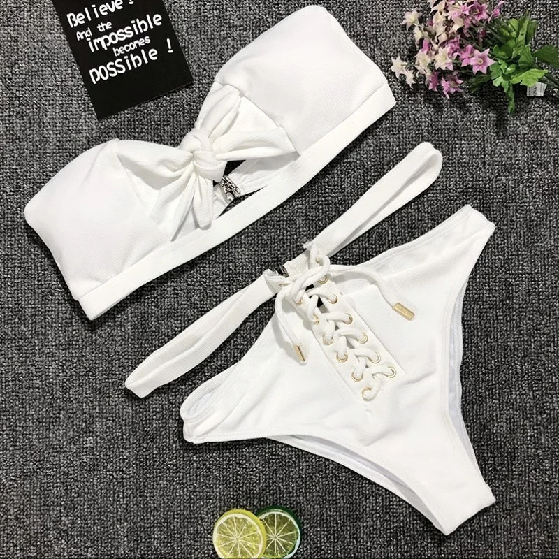 MUXILOVE Sexy Bather High Waist bikini set 2019 swimsuit female swimwear women lace up Bandeau bathing suit swim wear |