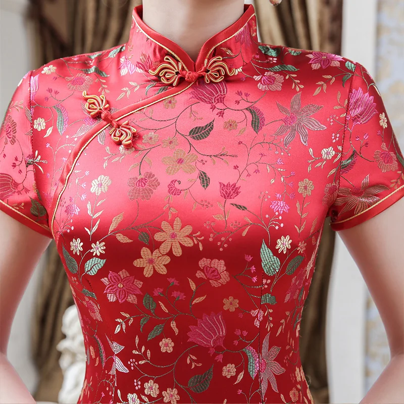 Красные мини шелковые платья Qipao Китайский короткий Улучшенный чёнсам цветок