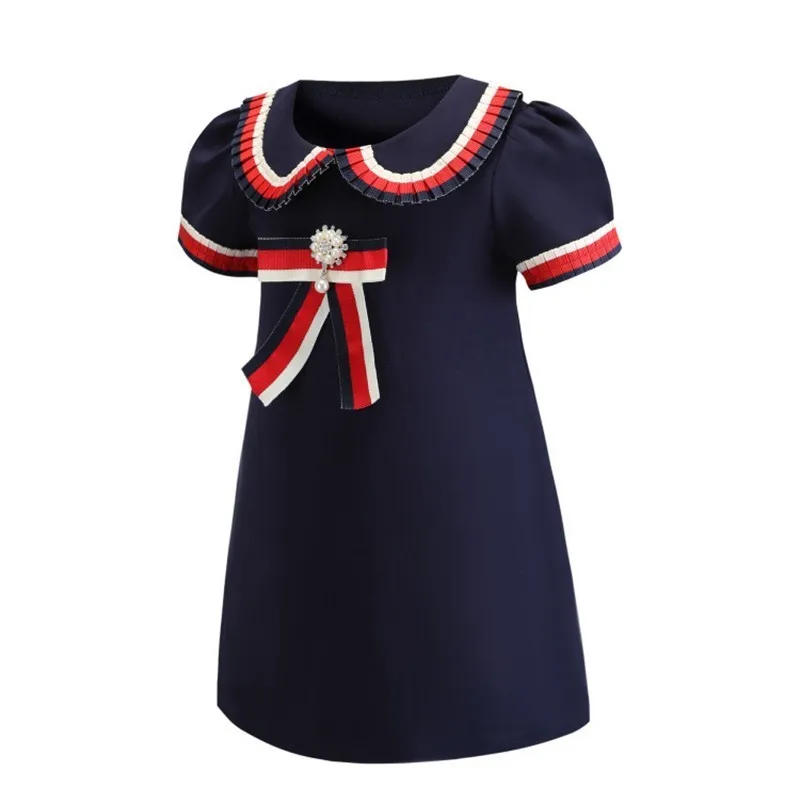 2019 Spring Summer Kids Dresses O-Neck Short-sleeved College Wind Bow Cotton Quality Girls Dress Girl Children Clothes 2-8 Years | Детская