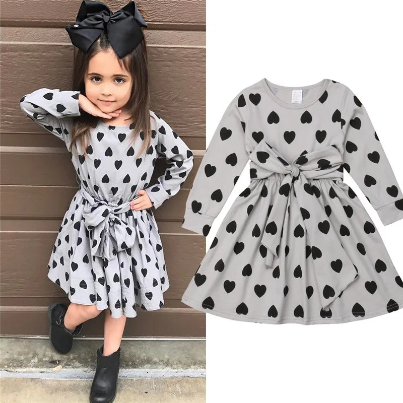 Pretty Kids Girls Heart-Shaped Print Dress Long Sleeve High Waist Bowknot Belt Girl Cotton Pleated Party 1-7Y | Детская одежда и