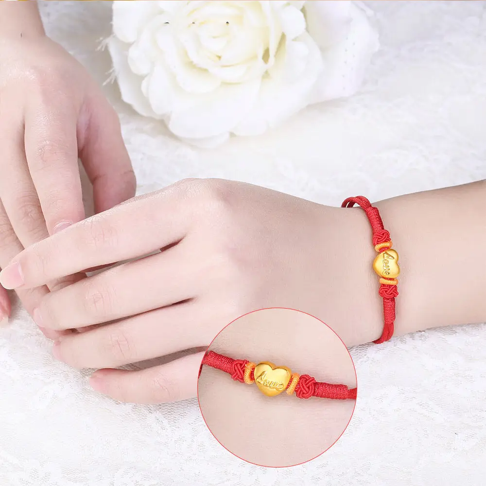 

New Pure 24K Yellow Gold 3D Craft Love Heart Bead Red Braided Bracelet