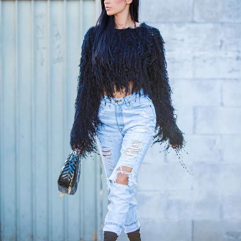 Свитер с бахромой Женский Осенний вязаный пуловер джемпер однотонная одежда