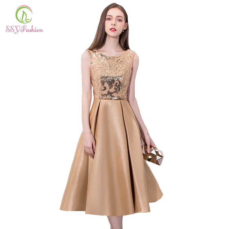 SSYFashion простое коктейльное платье без рукавов банкетное элегантное Золотое
