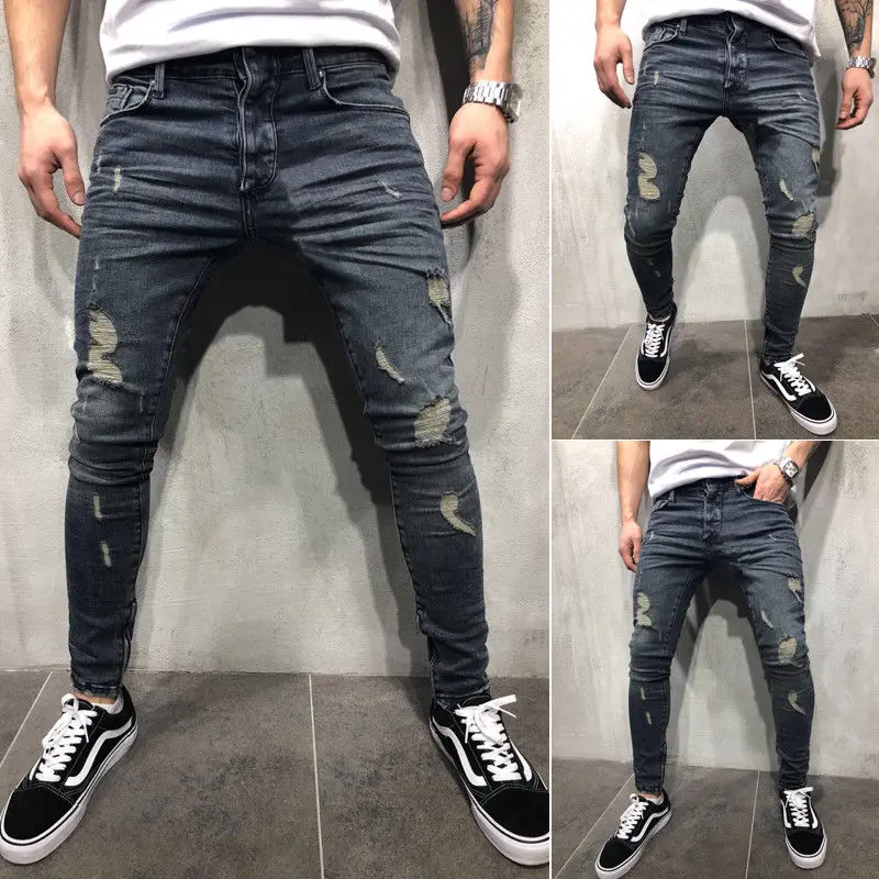 Mens Cool Designer Brand Pencil Jeans Skinny Ripped Destroyed Stretch Slim Fit Hop Pants With Holes For Men | Мужская одежда