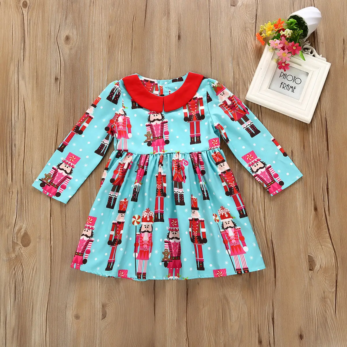 2018 Xmas Cute Sweet Toddler Kids Baby Girls Party Dress Cartoon Print Long Sleeve Peter Pan Collar Knee-Length A-Line | Детская одежда