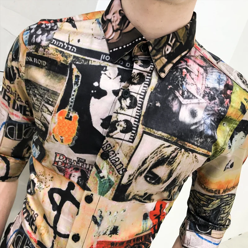 Летний модный принт рубашка Для мужчин Camisa Masculina смокинг узкие рукава до локтя Fit