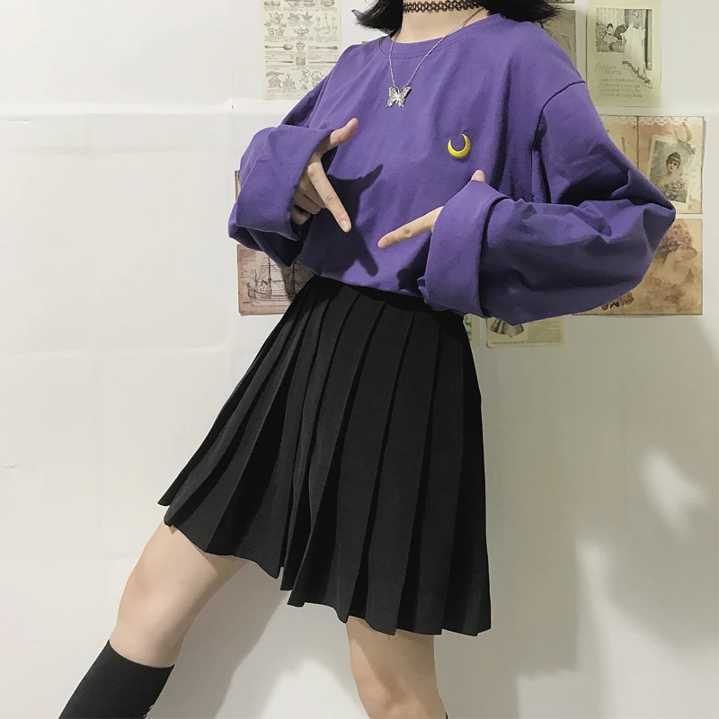 Harajuku/стиль для девочек фиолетовый топ с длинными рукавами футболка вышивкой Луны