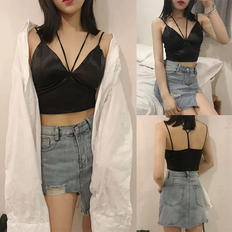 

hirigin Club Satin Women Sexy Solid Camis Top Spaghetti Strap Camis Shirts Backless Solid Sexy Casual Basic Tops Bra Women