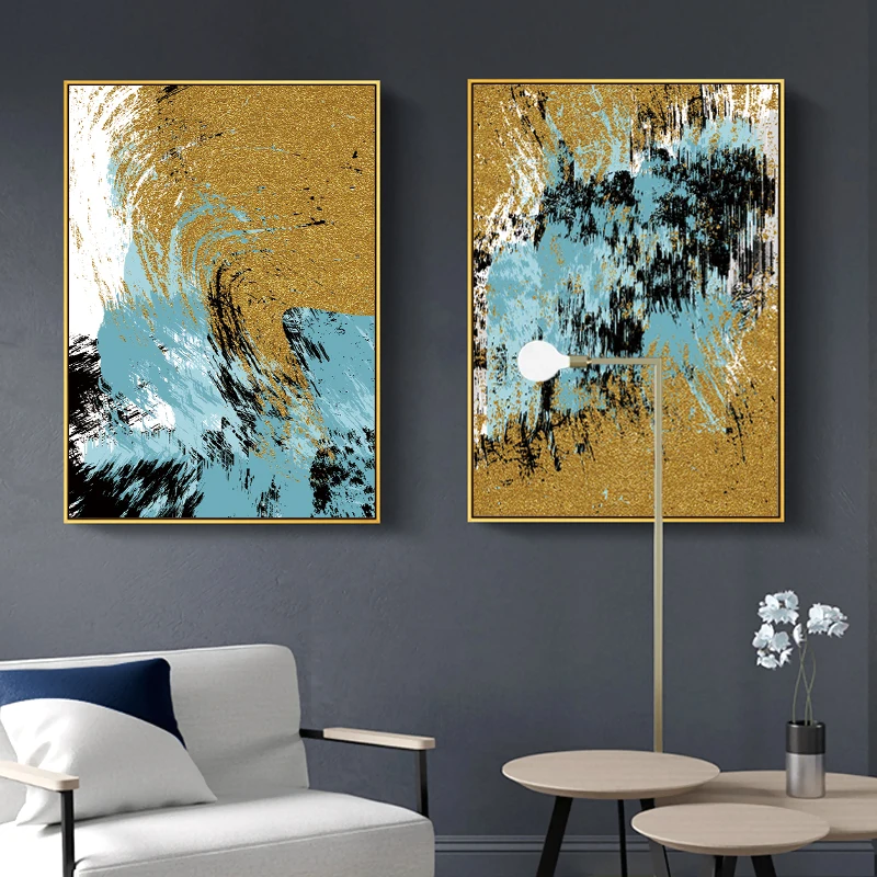 Скандинавский абстрактный синий и золотой постер минималистичный настенный
