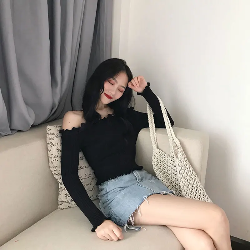 2019 женский свитер с длинными рукавами гофрированный вырез открытыми плечами