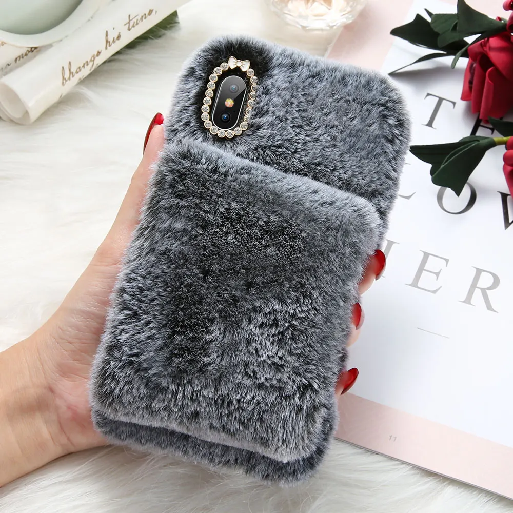 Мягкий теплый меховой чехол KISSCASE для iPhone 7 8 6 6S X XS MAX Блестящий Алмазный телефона