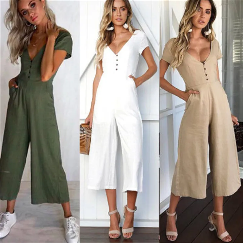 Office Lady Womens Playsuit 4Color Deep V Neck Slim Solid Bodysuit Party Jumpsuit Romper Chiffon Long Wide Leg Trousers Clubwear | Женская