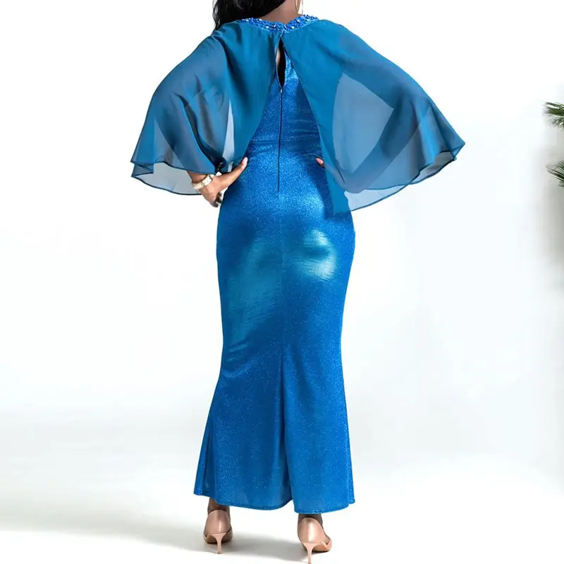 Вечерние длинные платья русалки женские 2019 синие элегантные вечерние бусы