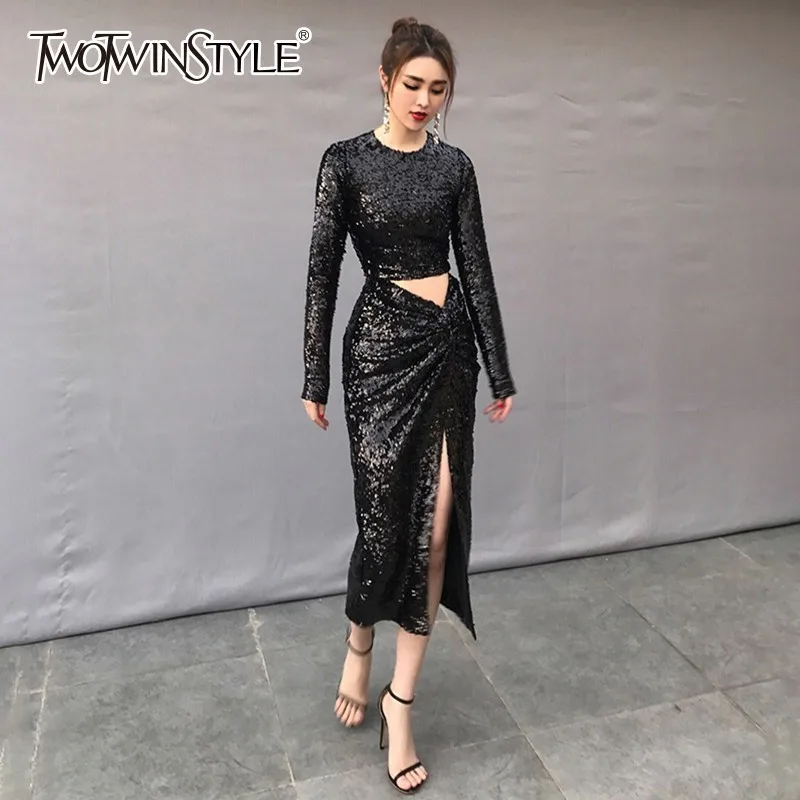 TWOTWINSTYLE сексуальное платье с тяжелыми пайетками женское длинным рукавом и