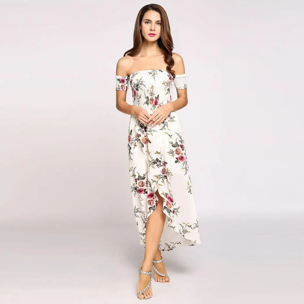 Короткий рукав с открытыми плечами Boho стили печати Асимметричный разделение