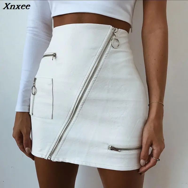 

Xnxee New Pattern Half-body Skirt Sexy PU white Leatherwear Zipper Package Buttocks Short skirts Skirt Summer streetwear