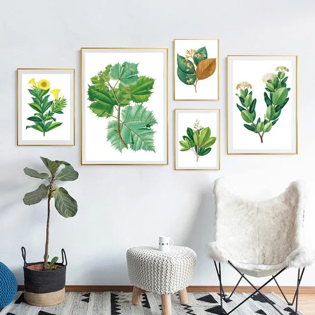 

Watercolor Green Leaf Flowers Plant Cottage Canvas Print Poster Nordic Wall Picture Home Decoration Painting No Frame Wall Decor