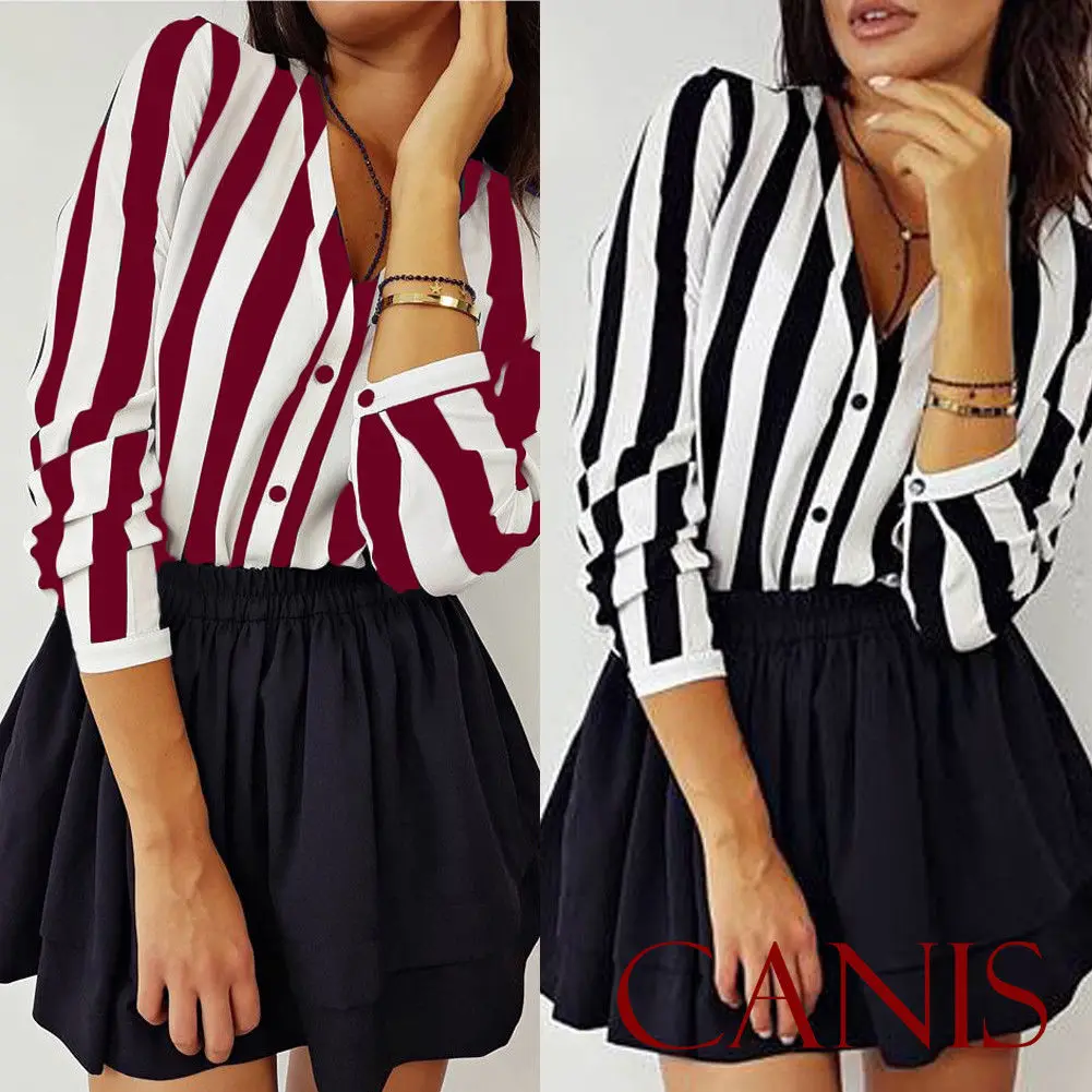 2019 New Fashion Women Summer Striped Blouses Tops Long Sleeve Button V Neck Blouse Loose Shirt Casual Top Clothes