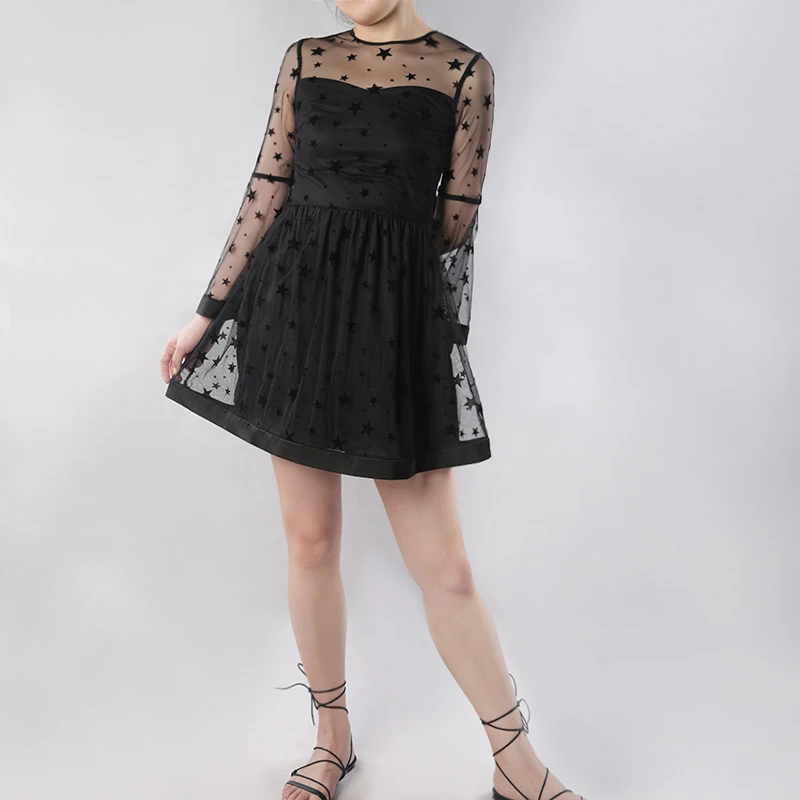 MINSUNDA/черные вечерние платья с принтом со звездами и рукавами воланами женское